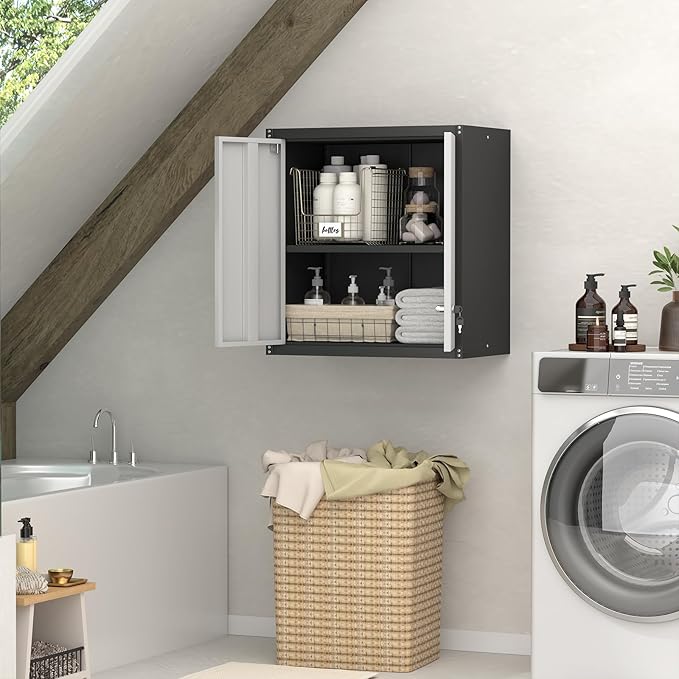 Metal Wall Cabinet, Garage Cabinets Wall Mounted, Locking Storage with Adjustable Shelves, Wall Mounted Garage Cabinet with Doors, Floating Cabinet for Home Office, Utility Room