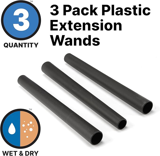Shop-Vac 9061400 1.25 Inch Diameter Extension Wands, 3-Piece Set, Durable Black Plastic, Ideal for Extended Reach With 1.25 Inch Hoses