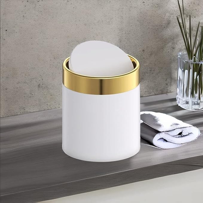 Mini Trash Can with Lid, Metal Small Tiny Mini Trash Bin Can, Mini Countertop Trash Cans for Desk Car Office Kitchen, Swing Top Trash Bin 1.5 L/0.40 Gal (White)