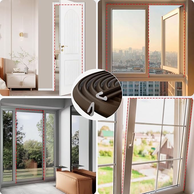 V Shape Foam Weather Stripping Door Frame Seal Strip 2Pcs×26FT Brown, Draft Stopper, Insulation Winter, Weatherstripping, Gap Sealing, Soundproofing, Self-adhesive Used for Exterior Front Door Side