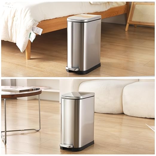 Bathroom Trash Can with Soft-Close Lid 3.5 Gallon Stainless Steel Garbage Can with Removable Inner Bucket Slim Trash Bins for Bedroom, Office (Silver)