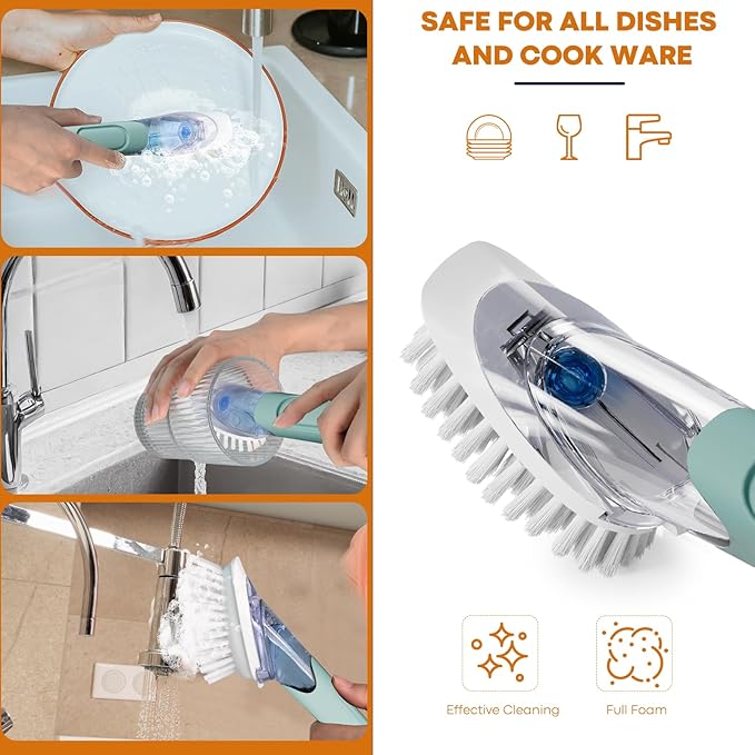 Soap Dispensing Replacement Dish Brush Storage Set with 2 PCS Brush Refills & Holder - RIMAY Dispenser Scrub Cleaning Scrubber Kitchen Dishwashing Dish Wand Handle for Dishes/Pans/Pots/Sink(Blue)