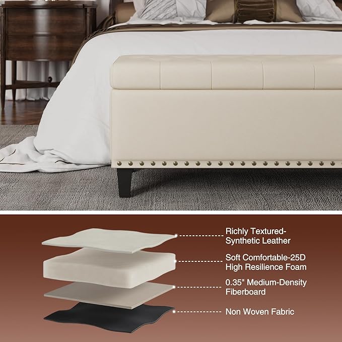 Storage Ottoman Bench, 51-Inch Large Storage Bench for Bedroom End of Bed, 30 Gallons Faux Leather Bench for Bedroom, Living Room, Entryway, Hallway, Cream White