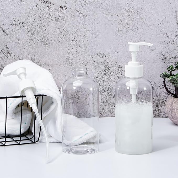 Yebeauty Soap Dispenser, 4 Pack 13.5oz/400ml Empty Refillable Pump Bottle Modern Liquid Plastic Shampoo and Conditioner Bottles Large Body Wash Dispenser for Shower, Clear