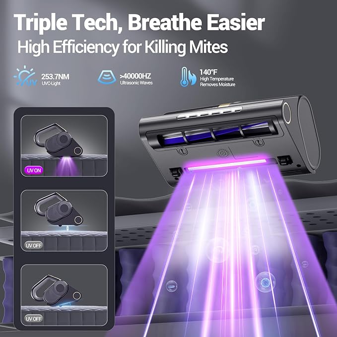 Bed Vacuum Cleaner, 16Kpa Suction 500W Powerful Double Cup Mattress Cleaner, Mattress Vacuum Cleaner with Dust Sensor, Ultrasonic & Heating Tech, HEPA Filter（Corded）