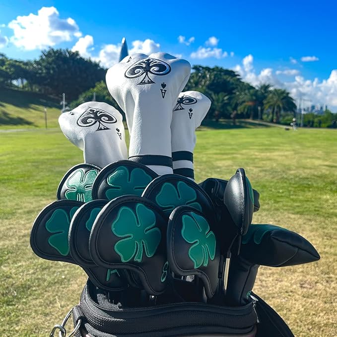 Golf Iron Covers Golf Iron Head Covers Leather Golf Iron Covers for Golf Clubs 10pcs Golf Iron Headcovers Lucky Clover Golf Club Head Covers for Iron with Magic Tape Fit All Brands