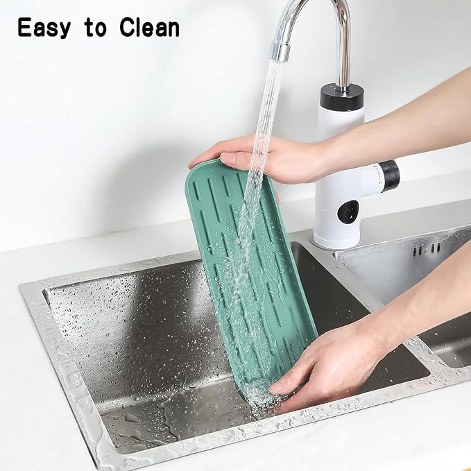 Silicone Kitchen Sink Organizer Tray for Multiple Usage,Eco-Friendly Sponges Holder for Kitchen Bathroom Counter or Sink,Dish Soap Dispenser,Scrubber,Bottle,Cup (Green, 12"×4")