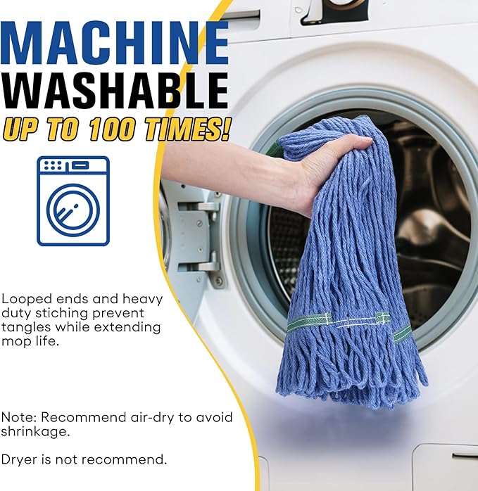 Matthew Cleaning Commercial Mop Head Replacement, 5 Inch Wide Headband, Looped End Cotton Blend String Wet Mops for Floor Cleaning, 28 oz Extra Large, 6-Pack Blue
