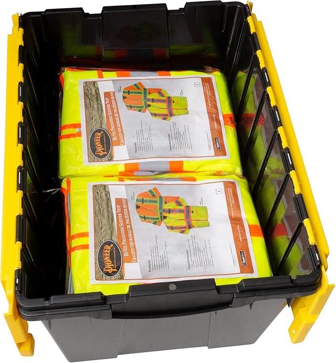 Akro-Mils KeepBox 12 Gallon Storage Container, Nesting and Stackable Plastic Storage Box with Lid Attached, Clear Tote for Garages, Closets, and Moving, 21-1/2" x 15" x 12-1/2", Black/Yellow