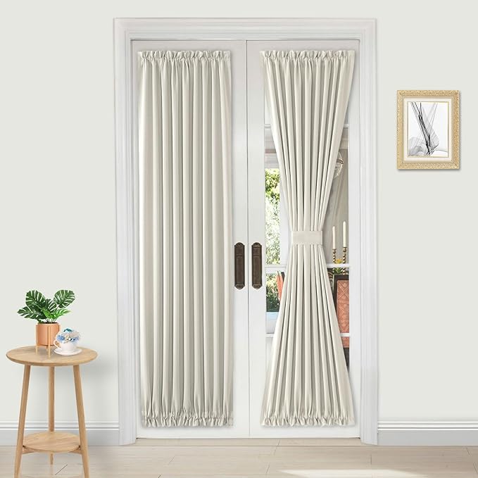 DWCN French Door Curtains – Rod Pocket Thermal Blackout Curtain for Doors with Glass Window, Kitchen and Patio Doors for Privacy, 25 X 80 Inches Long, 1 Curtain Panel with Tieback, Ivory