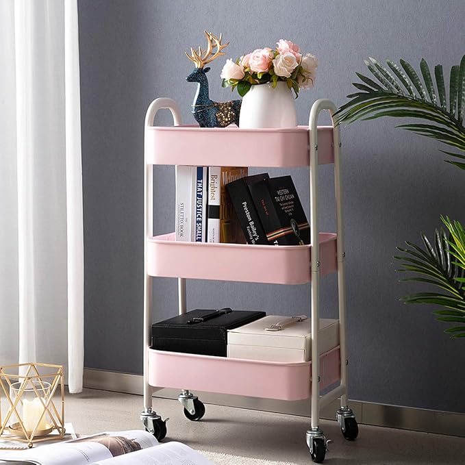 AGTEK Makeup Cart, Movable Rolling Organizer Cart, 3 Tier Metal Utility Cart, White - Pink
