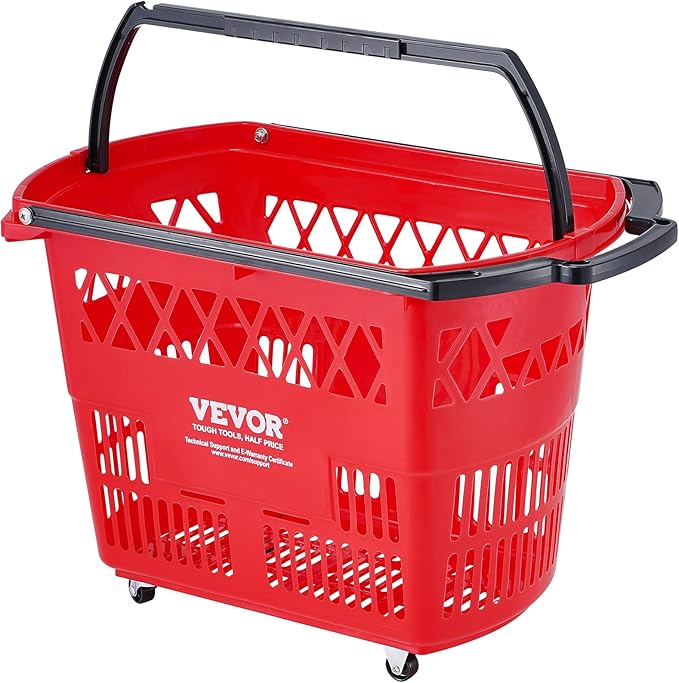 VEVOR Shopping Carts with Handles, 6PCS, 39L Plastic Rolling Shopping Basket with Wheels, Large Portable Shopping Basket Set for Supermarkets, Retail Stores, Grocery Shopping, Red