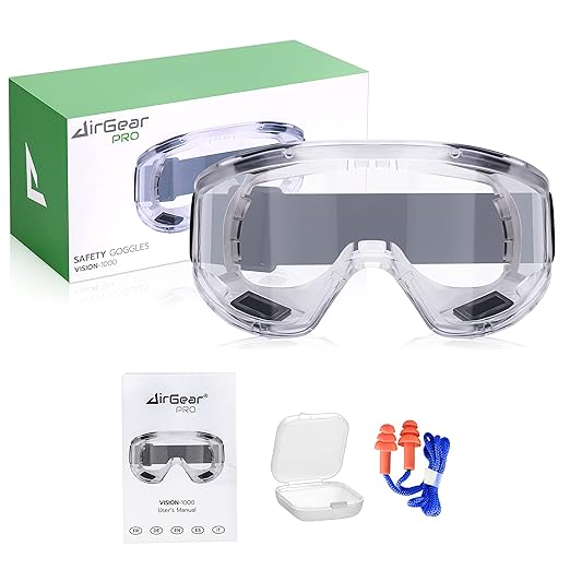 AirGearPro Vision-1000 Anti-Fog Safety Goggles | Impact Resistant Protective Goggles | ANSI Z87.1 Work Goggles for Painting, Sanding, Dust, Woodworking, Construction, Chemistry, Laboratory (2 Pack)