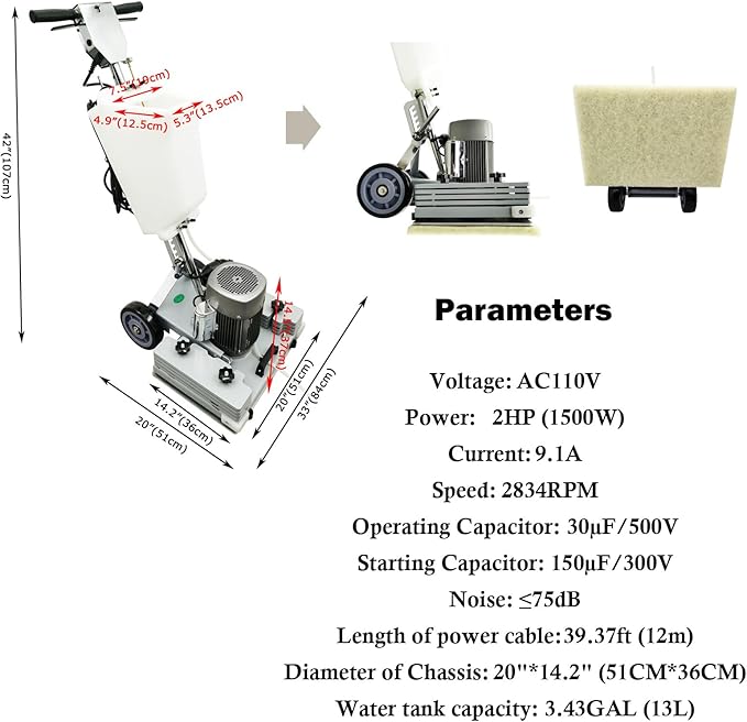 Floor Grinding Machine & Polisher - 3.43Gal Scrubber, 2834RPM, Commercial & Industrial Square Chassis, Multi-functional, 110V