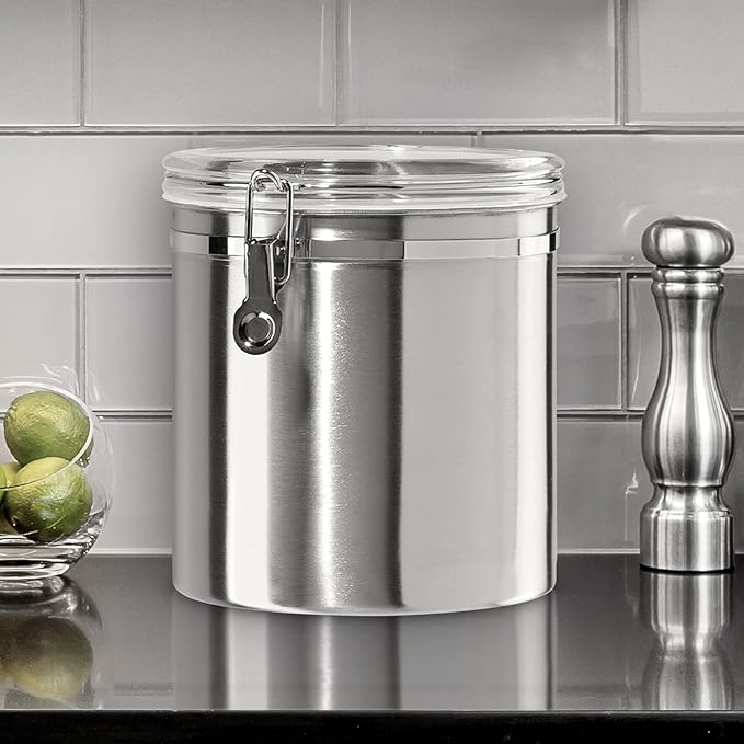 Oggi Stainless Steel Kitchen Canister 152 fl oz - Airtight Clamp Lid, Clear See-Thru Top - Ideal for Kitchen Storage, Food Storage, Pantry Storage. Jumbo Size 8" x 8".