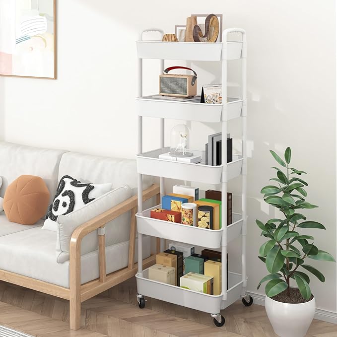 Sywhitta 5-Tier Plastic Rolling Utility Cart with Handle, Multi-Functional Storage Trolley for Office, Living Room, Kitchen, Movable Storage Organizer with Wheels, White