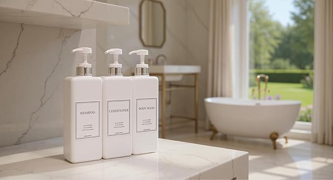 Modern Design Large 27 oz Shampoo and Conditioner Dispensers - Empty Plastic Refillable Pump Bottle Set for Bathroom Shower Soap Dispenser, Set of 3 (White & Silver)