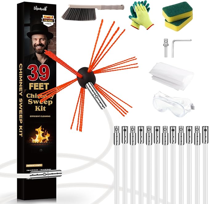 39 Feet Chimney Sweep Kit, Chrome Button Locking System, Chimney Cleaning Kit, Chimney Brush, Chimney Cleaning Tool, Chimney Cleaning System with 12 Flexible Chimney Rods