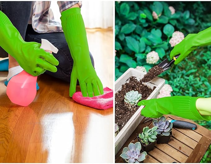 Vgo... 3-Pairs Dishwashing Gloves - Reusable Household, Kitchen, Long Sleeve, Thick Latex, Cleaning, Washing, Working, Painting, Gardening, Pet Care (Size M, Green, RB2143)