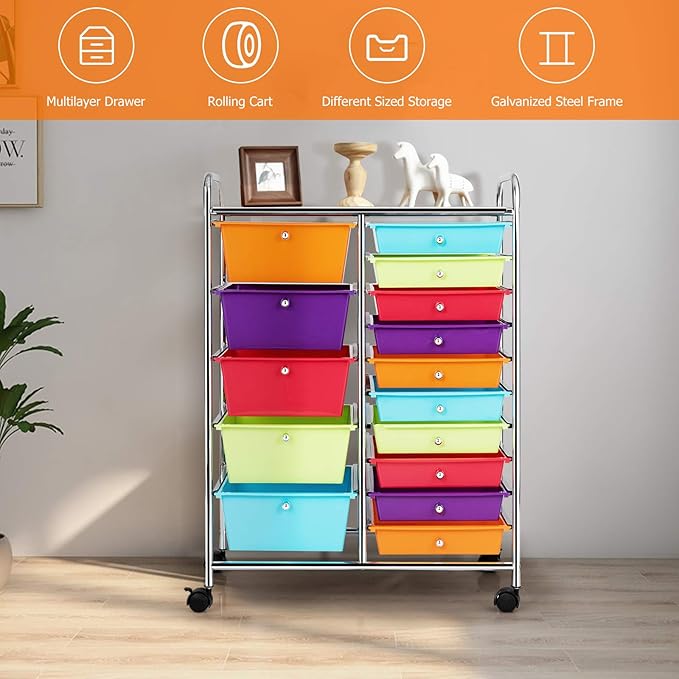 GOFLAME 15-Drawer Rolling Storage Cart, Multipurpose Movable Organizer, Utility Cart for Home, Office, School, Multicolored