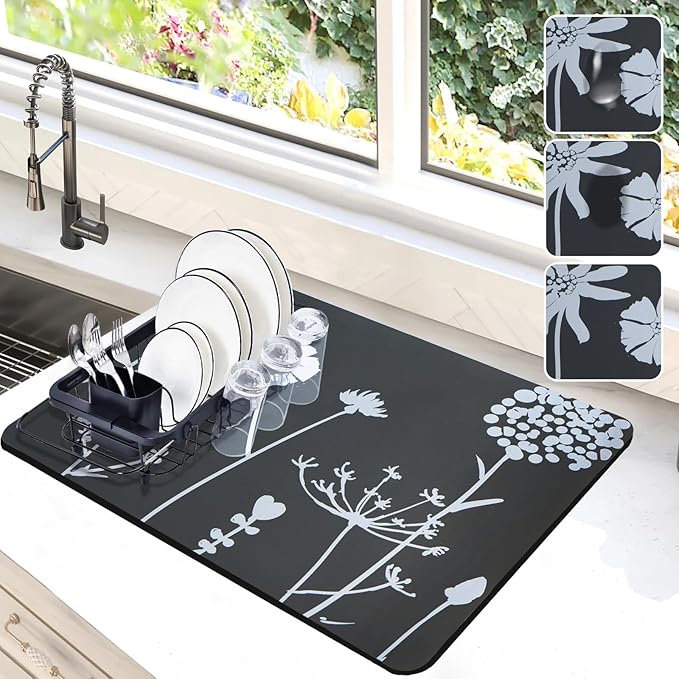 Dish Drying Mat for Kitchen Counter, 12"x19"Dish Drying Pad with Non-slip Rubber Backed, Hide Stain Anti Absorbent for Kitchen Counter, Drying Mat for Coffee Machine Dish Rack (Gray Daisy)