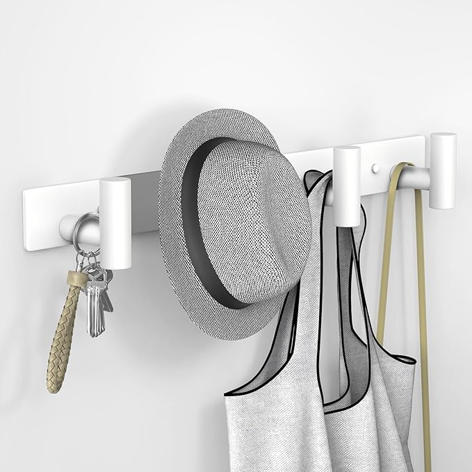 VAEHOLD Hat and Coat Wall Mount Rack - Hooks for Robes, Bags, Keys, and Towels - Bathroom Towel Hanger Organizer (White, “T“ Shape 4 Hooks 1 Pack)