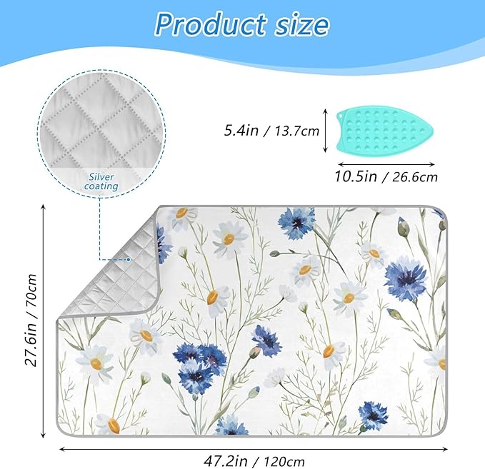 Ironing Mat Thickened Ironing Blanket Travel Portable Double-Side Using Ironing Pad Travel Isolate Heat Pad Cover for Washer Dryer Table Top Countertop (27.6x47.2in) Daisy