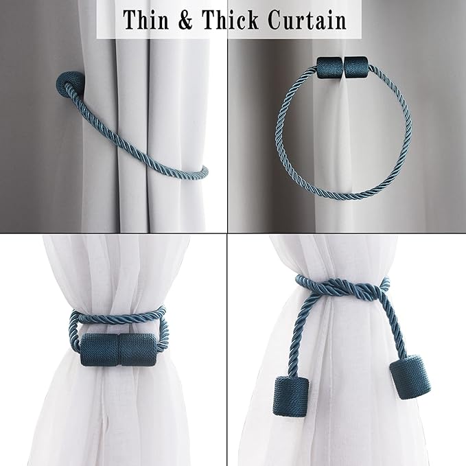 2 Pack Strong Magnetic Curtain Tiebacks Outdoor Elegant Decorative Tie Backs Modern Rope Tiebacks for Drapes Window Curtain Holdbacks for Draperies- Blue