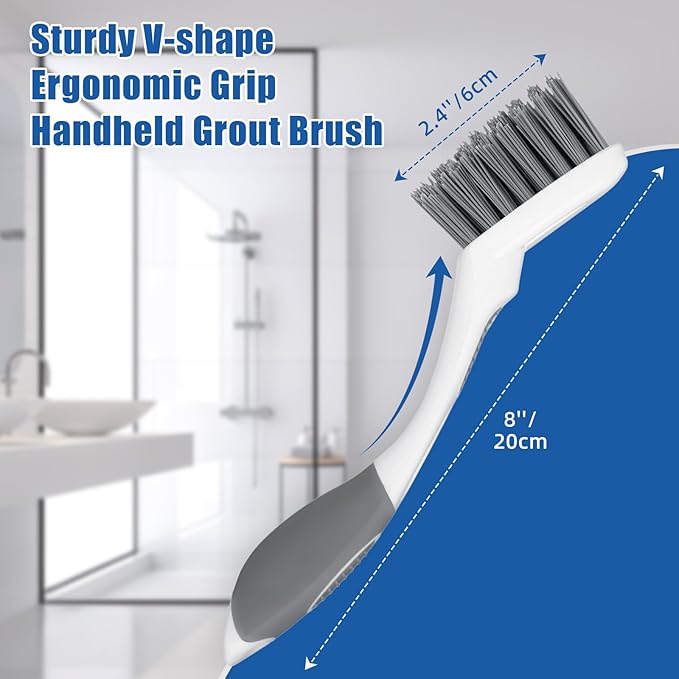 Qaestfy Grout Brush with Long Handle for Cleaning, Stiff Bristles Handheld Tile Scrub Brush, V-Shape Crevice Cleaning Brush for Floor Deep Cleaning