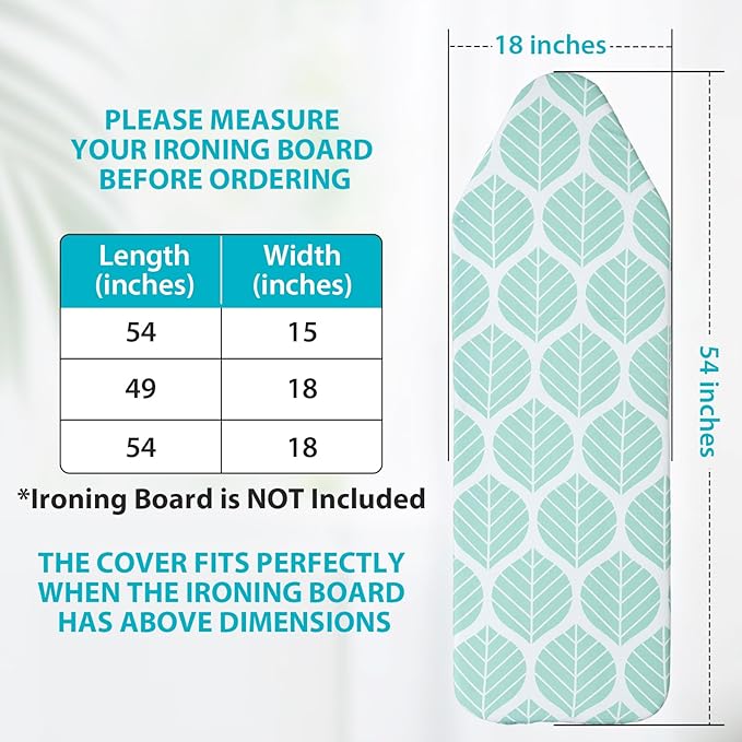 Extra Wide Ironing Board Cover with Padding 18 x 54 inch Heat Reflective with Hook and Loop Fasteners, Thick Padding with Elasticized Edges, 3 Layers Iron Board Cover (Green Leaf)