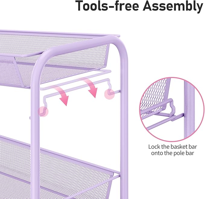 TOOLF 3-Tier Metal Rolling Cart, Mesh Wire Easy Assemble Utility Cart, Storage Trolley on Wheels with 3 Hooks, MetalStorage Shelving Units for Kitchen Bathroom Laundry Room