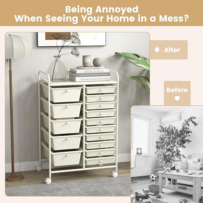 GOFLAME 15-Drawer Rolling Storage Cart, Multipurpose Movable Organizer Cart, Utility Cart for Home, Office, School, White