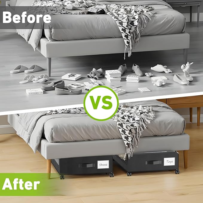 Under Bed Storage with Wheels, 4-Pack Under the Bed Storage Containers with Clear Lids & Label, Underbed Storage Bins, XXL 60L Rolling Metal Drawer for Clothes, Shoes, Toys, Books - Black