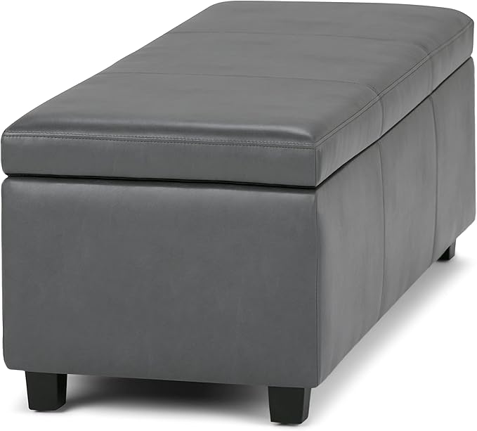 SIMPLIHOME Avalon 48 inch Wide Contemporary Rectangle Storage Ottoman Bench in Stone Grey Vegan Faux Leather, Assembled, For the Living Room, Entryway and Family Room