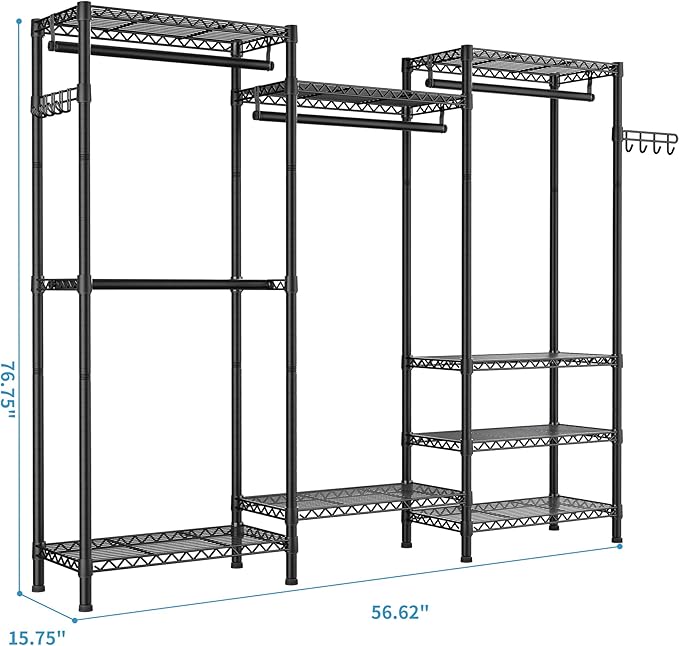 Heavy Duty Garment Rack Large Clothes Rack,Freestanding Closet Portable Clothing Rack with 8 Adjustable Wire Shelves and 4 Hang Rods,Metal Closet Storage Wardrobe Organizer System,Max Load 800lbs
