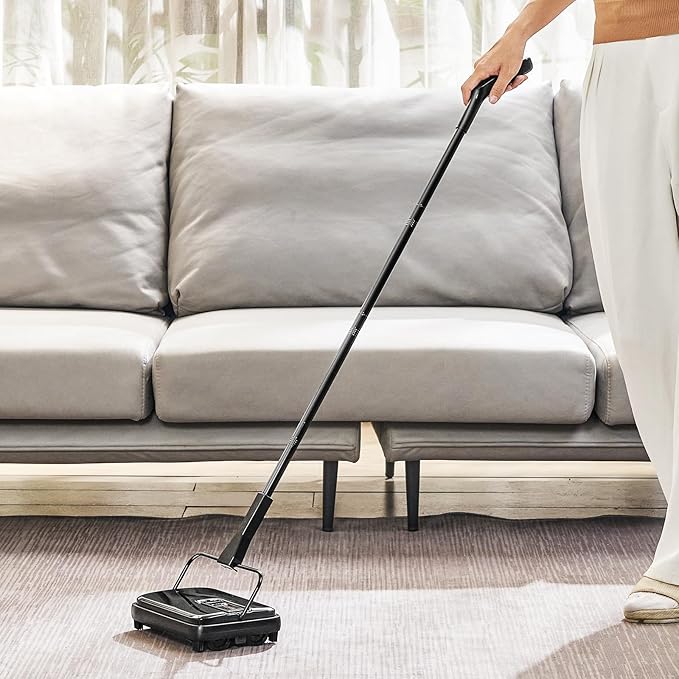 VEVOR Carpet Sweeper Manual, Floor Sweeper with 300 ml Dustbin Capacity Easy to Empty, for Home Office Carpets Pet Hair Dust, Black
