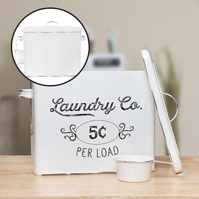 AuldHome Design Farmhouse Laundry Powder Container, White Enamelware Detergent Bin w/ Scoop