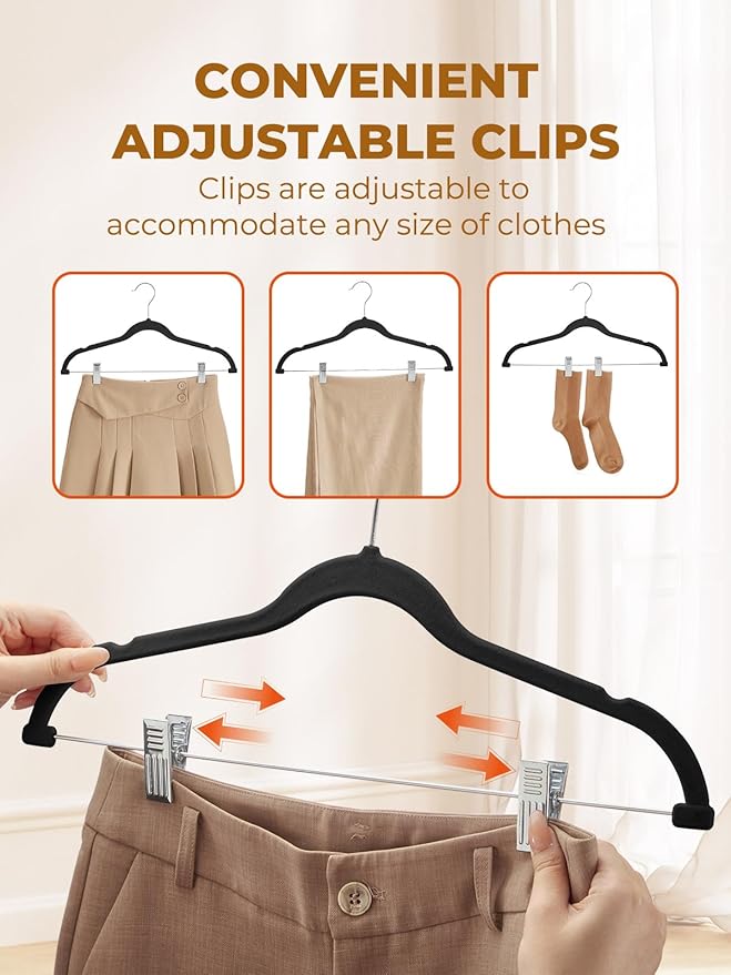 HOUSE DAY Velvet Skirt Hangers 24 Pack, Black Velvet Pant Hangers with Adjustable Clips, Space Saving Slim Shorts Hanger, Heavy Duty Non Slip Clip Hanger for Pants, Skirts, Shorts