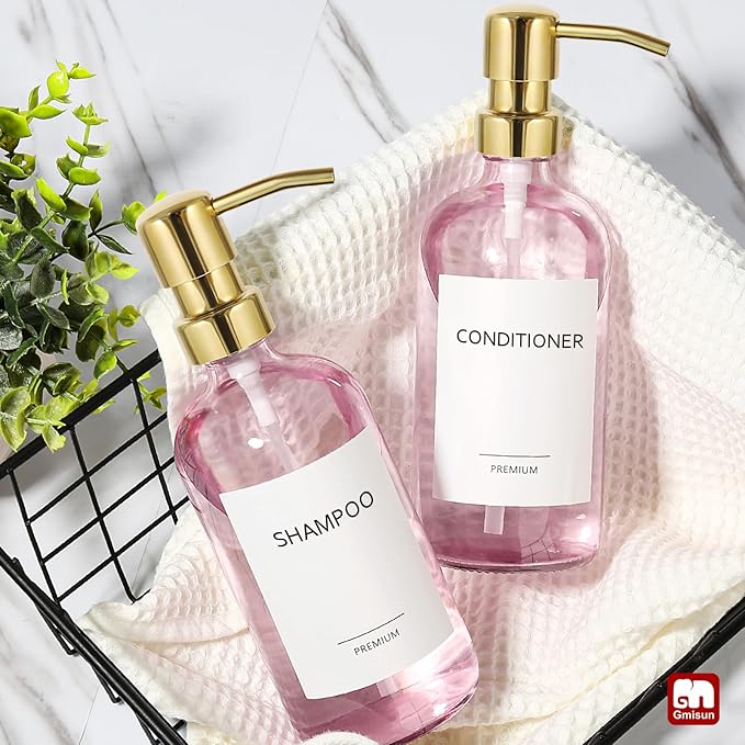 GMISUN Pink Soap Dispenser Bathroom, 2 Pack Kitchen Hand and Dish Soap Dispensers Set, 17 Fl Oz Pink Glass Soap Dispenser with Gold Pump, Refillable Modern Farmhouse Liquid Soap Pump Bottles