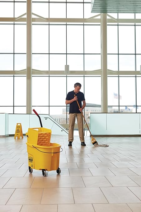 Rubbermaid Commercial Products WaveBrake 35 Qt. Side-Press Mop Bucket and Wringer Combo on Wheels Yellow for Professional/Industrial/Business Heavy-Duty Floor Cleaning/Mopping