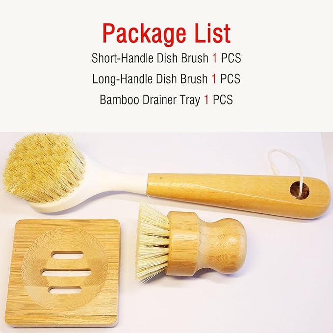 Natural Bristle Dish Brush Set, 1 Wooden Dish Brush and 1 Bamboo Dish Brush with 1 Bamboo Drainer Tray, All Circle Kitchen Scrub Brush for Dishes