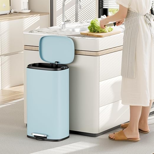 AthLike Trash Can, Stainless Steel Kitchen Garbage Can, Step Waste Bin with Hinged Lid and Removable Inner Bucket, Soft-Close, Dustbin for Bathroom Bedroom Living Room Home (Tide Pool Blue, 8 Gal)