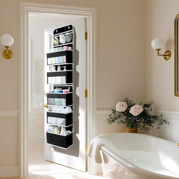LAMU 6-Tier Over The Door Organizer, Swing - Proof Closet Door Organizer, Flexible 1 Split into 2 Over The Door Storage Organizer for Nursery, Bathroom, Bedroom, Black, 5 x 14 x 61in