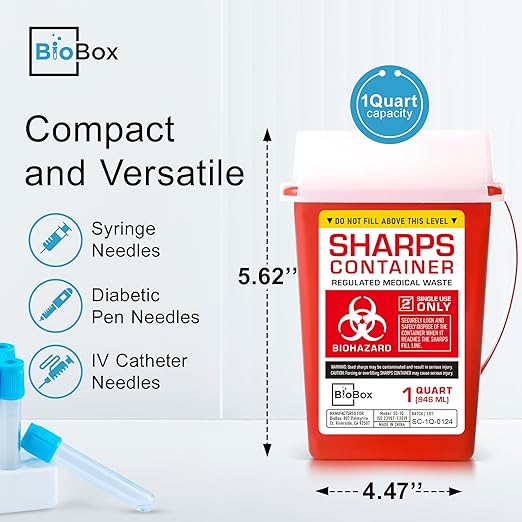 Sharps Container Large - Sharps Containers for Home Use and Labs - Portable Needle Disposal and Travel Size Biohazard Bin - 1 Quart (Pack of 3)