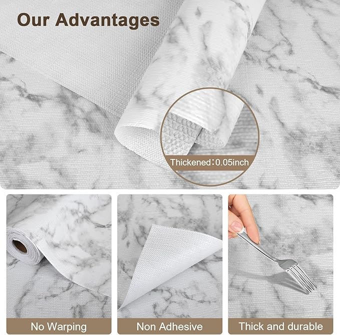 OcePor Non-Adhesive Drawer and Shelf Liner 12IN x 30FT，Non Slip Cabinet and Cupboard Liner, Kitchen Cabinet Liners for Shelves, Waterproof Drawer Shelf Liners for Cabinets/Bathroom Cupboard, Marble