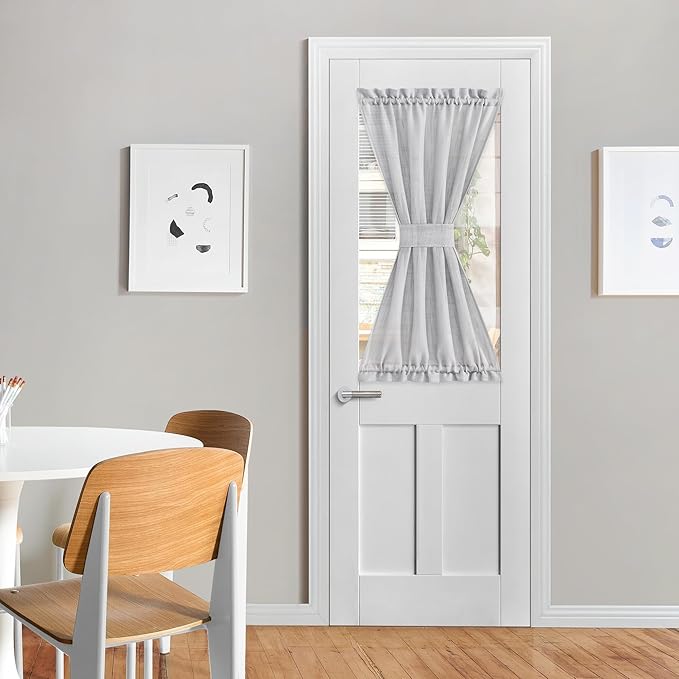 NICETOWN Linen Door Curtains 40 Inches Long, Dual Rod Pocket Semi Sheer Sidelight French Door Curtains for Kitchen Glass with Tieback for Privacy Protection, W26 x L40, 1 Panel, Light Grey