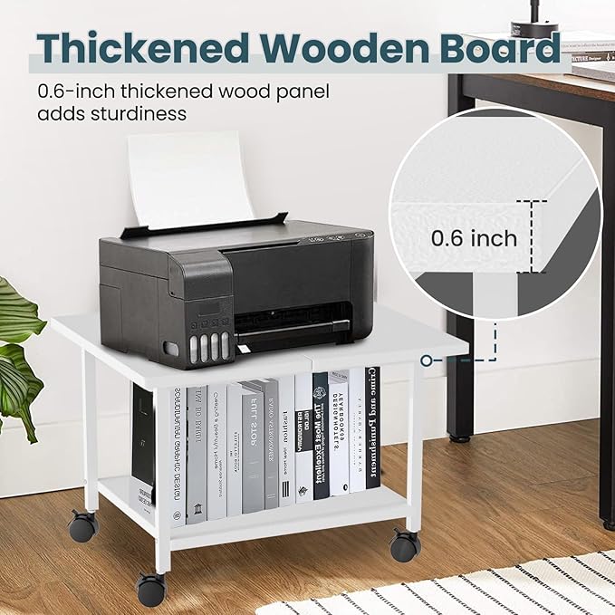 Printer Stand with Storage Under Desk Shelf, Desktop Printer Stand Organizer, Rolling Printer Cart Storage Paper Files Holder for Desk, Office, Home, (White)