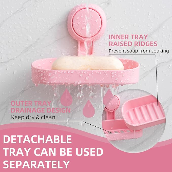 LEVERLOC Soap Dish Holder for Shower Suction Cup Wall Mounted Self Draining NO-Drilling Removable Bar Soap Sponge Holder for Bathroom Bathtub Kitchen Sink Waterproof Strong Vacuum Suction, Pink