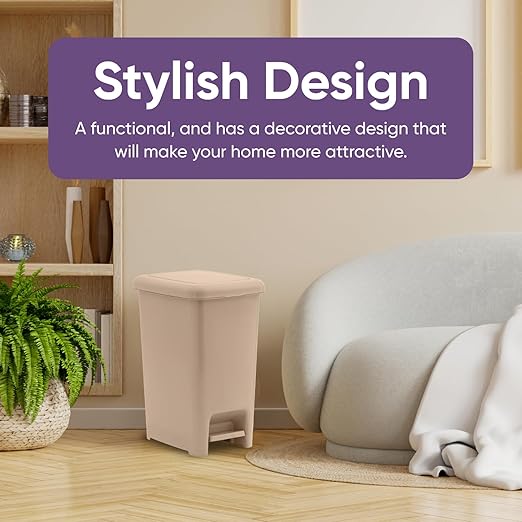 Superio Slim Step On Trash Can, Beige Waste Bin with Foot Pedal Lid 26 Liter, Kitchen, Under Desk, Office, Bedroom, Bathroom (1, 6.5 Gallon)
