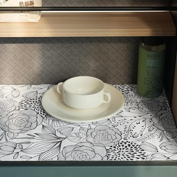 Floral Drawer and Shelf Liner for Kitchen 12IN x 20FT, Non-Adhesive and Strong Non-Slip Cabinet Drawer Liners, Waterproof Thickened Shelf Liner,Easy to Clean,Black and White